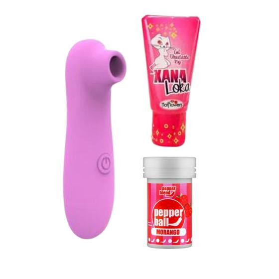 Sugador de Clitóris com Pulsação + Gel Excitante Feminino + Bolinhas Explosivas Morango - Sexy Import e Hot Flowers