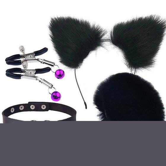 Imagem de Kit - Rabo de Coelho com Tiara de Orelhas - Grampos para os seios em Metal e Gargantilha