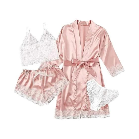 Imagem de Conjunto De Pijama De Renda E Cetim Para Mulheres, 4 Peças, Roupa De Dormir De Seda, Robe Sexy E