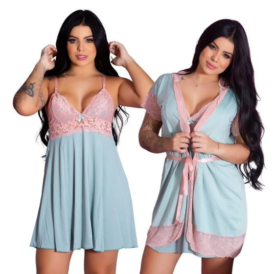 Imagem de Kit Camisola Sexy Comum Vestido de Dormir Prático e Robe  Roupão de Banho Kimono