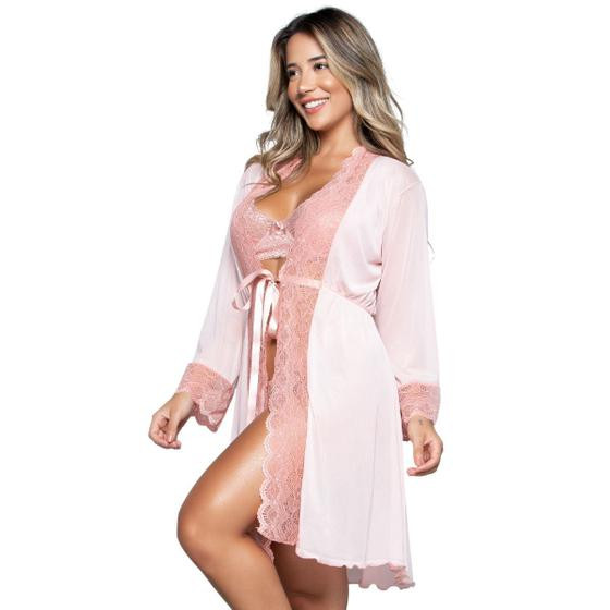 Imagem de Conjunto Lingerie Vekyo Sem bojo e Robe Feminino Sexy em Renda e Tule