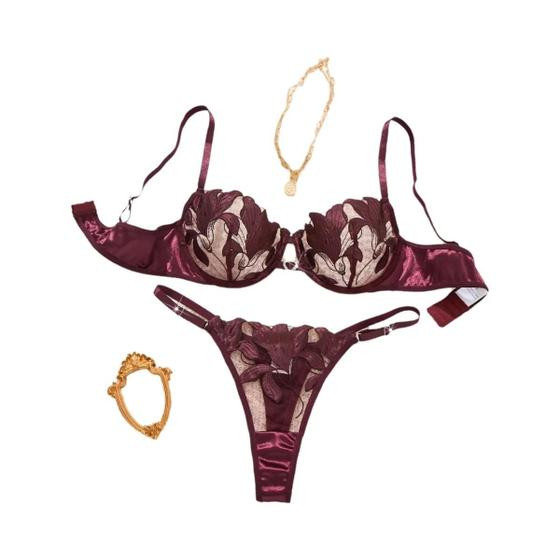 Conjunto De Pijama Feminino Bordado Floral Cor Café Com Sutiã Sexy ZA824031 - CasLand