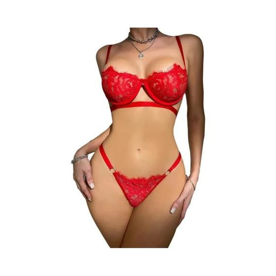 Conjunto De Lingerie Sexy Com Sutiã Transparente De Renda E Calcinha, Com Bordado De Fadas E Efeito - NONE