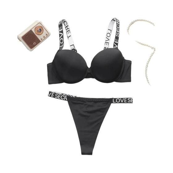 Conjunto De Sutiã E Calcinha Feminino De Duas Peças Com Alça De Letras Brilhantes Sexy - Estilo - NONE