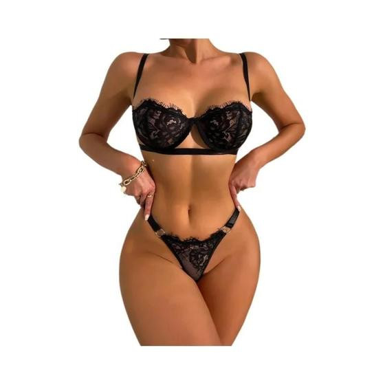 Conjunto De Lingerie Sexy Com Sutiã Transparente De Renda E Calcinha, Com Bordado De Fadas E Efeito - NONE