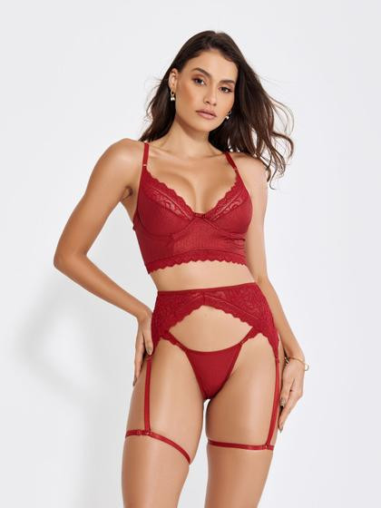 Imagem de Conjunto Lingerie Sexy Cropped Calcinha Sensual Cirre Renda
