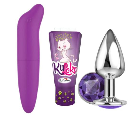 Imagem de Vibrador Feminino Ponto G Estimulador Clitóris + Gel Dessensibilizante Anal + Plug Anal Em Aço 