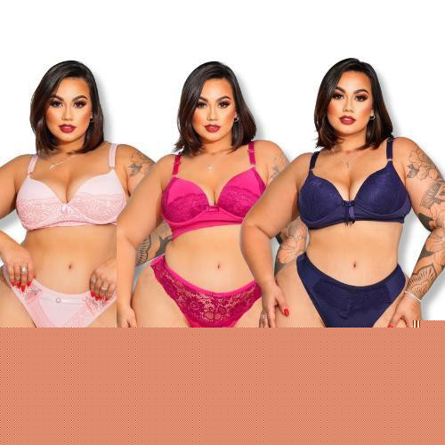 Imagem de Kit 9 Conjuntos Calcinha e Sutiã Plus Size Fio Dental Rendado Fio Duplo