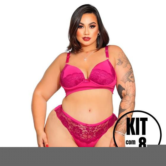 Imagem de Kit 8 Conjuntos Calcinha e Sutiã Plus Size Fio Dental Rendado Fio Duplo