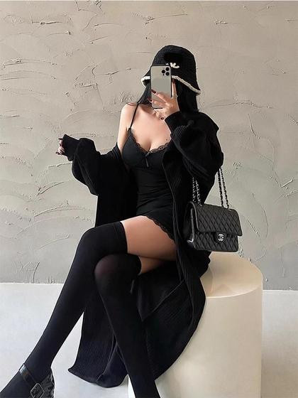 Imagem de Preto Y2k Retro Renda Retalhos Cinta De Espaguete Bodycon Mini Vestido Para Mulheres Sexy Festa