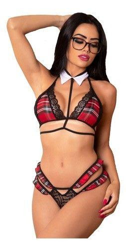 Imagem de Lingerie Sexy Estudante Top de Classe Com top gravata borboleta e Calcinha Fio