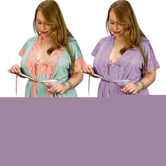 Imagem de Kit 2 Robes e 2 Camisolas Sexy Plus Sedutora Tamanho Grande Confortável