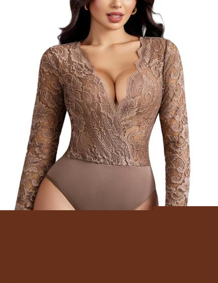 Imagem de Bodysuit feminino Avidlove, manga comprida, decote em V, renda, lingerie de pelúcia