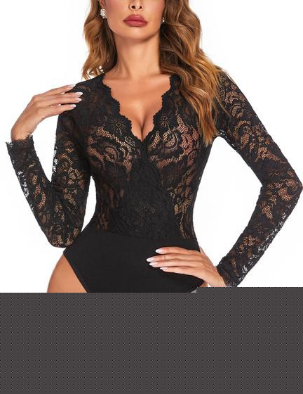 Imagem de Bodysuit feminino Avidlove, manga comprida, decote em V, renda preta