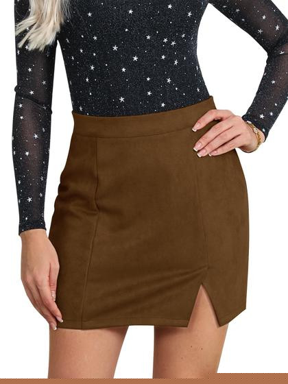 Imagem de Saia Ezcosplay Faux Suede Sexy Mini com fenda de cintura alta marrom
