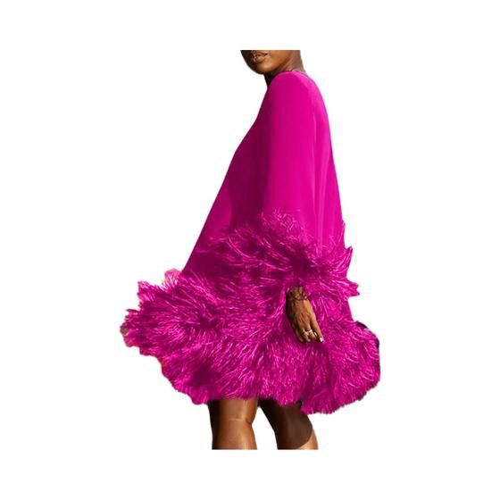 Imagem de Feminino Manga Longa Pena Pele Retalhos Mini Vestido Elegante Festa Sexy Y2k Outono Inverno Sólido