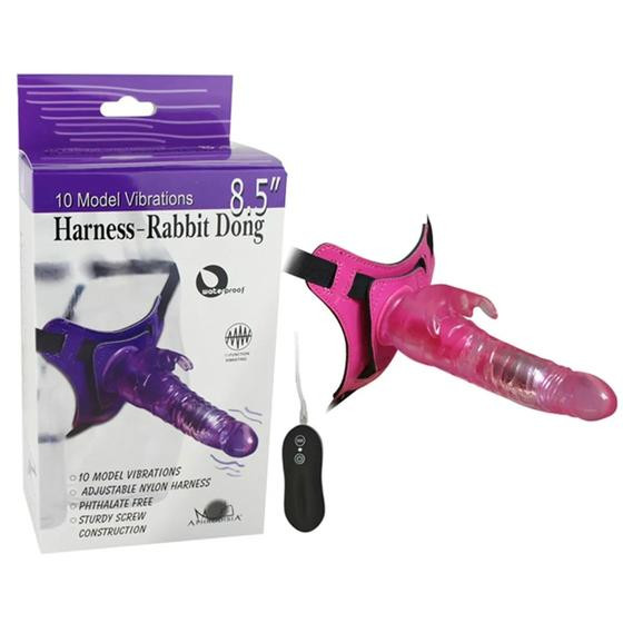 Imagem de Cinta Peniana com Vibrador e Estimulador Clitóris Harness Rabbit Dong Miss Collection