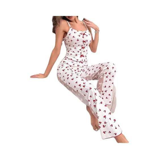 Conjunto De Pijama Sexy Feminino De 2 Peças Em Renda De Malha Com Top De Alças Estampado E Calças - NONE