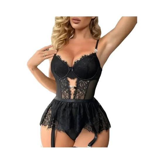 Imagem de Conjunto De Lingerie Feminino Sexy Com Renda, Sutiã Push-up, Alças Finas E Body Sem Costas, 2 Peças.