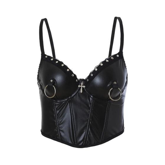 Top Halter De Couro Estilo Dark Punk Com Decoração De Cruz E Anel De Metal, Tank Sexy Para Cosplay - NONE