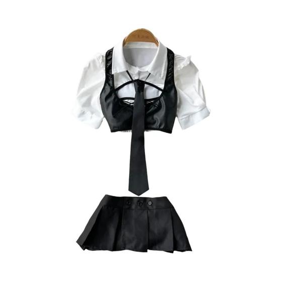 Conjunto De Uniforme Escolar Sexy Em Couro PU Com Mangas Bufantes, Top Com Renda E Saia Mini, 4 - SUYISODA
