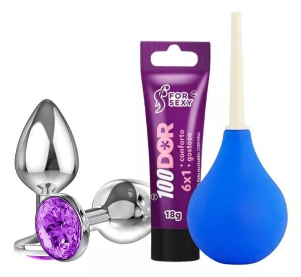Imagem de Ducha Higiênica 224ml + Plug Anal Tamanho G Com Pedra Colorida + gel 100 dor