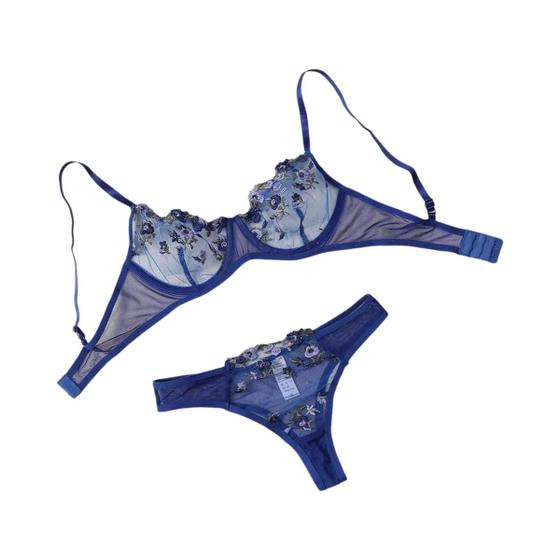 Imagem de Conjunto De Lingerie Feminino Sexy Com Renda, Sutiã Push-up E Calcinha, Semitransparente Com Bordado