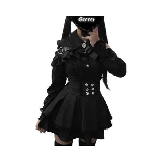 Conjunto De Blusa De Renda Para Meninas Pequenas, Mini Saia, Top Gótico Lolita Sexy Com Mangas - fipyjip