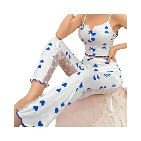 Imagem de Conjunto De Pijama Sexy Feminino De 2 Peças Em Renda De Malha Com Top De Alças Estampado E Calças