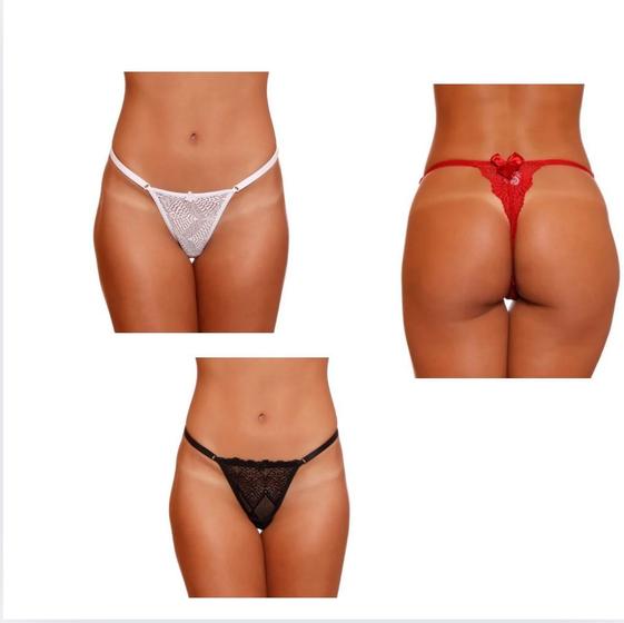 Imagem de Kit 3 Calcinhas Sexy Rendada Fio Dental Lingerie Feminina Com Regulagem