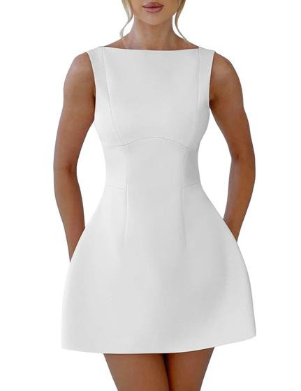 Vestido YMDUCH Mini Branco Sem Mangas com Decote Redondo e Costas Abertas
