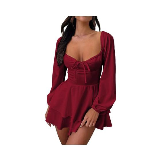Vestido De Festa Sexy E Elegante Com Decote Em V, Costas Descobertas, Manga Longa E Saia Curta Com - NONE