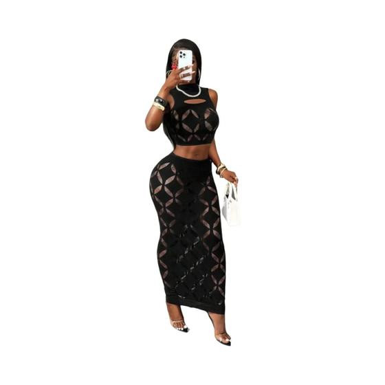 Conjunto Sexy De Tamanho plus Para Mulheres, Top Cropped Transparente Em Malha E Saia Mini De - FHSEER