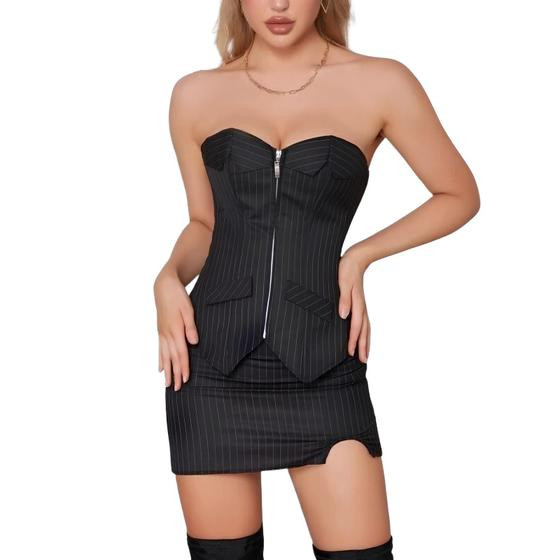 Conjunto Executivo Corpete Corset e Saia Curta Sexy Preto Risca de Giz M305 - Fantasy Shopping Brasil
