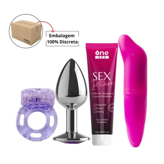 Imagem de Kit Plug Anal Tamanho P + Sex Intense Gel Excitante Feminino + Anel Estimulador + Vibrador Ponto G Liso