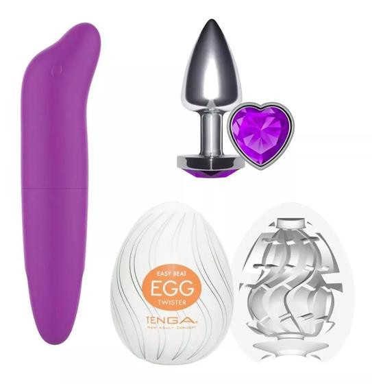 Imagem de Vibrador Feminino Estimulador Clitóris + Plug Anal em Aço Formato Coração P + Egg Masturbador Masculino