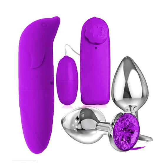 Imagem de Kit Vibrador Feminino Ponto G + Bullet Massageador Clitóris + Plug Anal em Aço com Joia