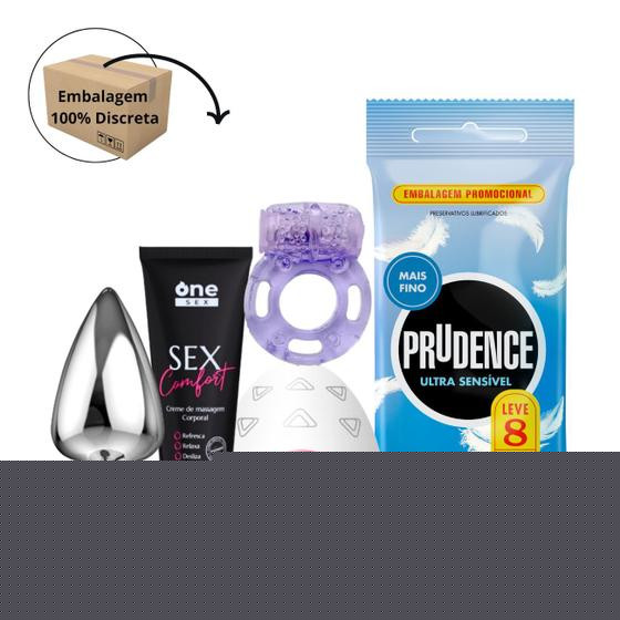 Imagem de Kit Preservativo Prudence Ultra Sensivel + Anel Vibrador + Sex Comfort Lubrificante + Egg Masturbador + Plug Anal P