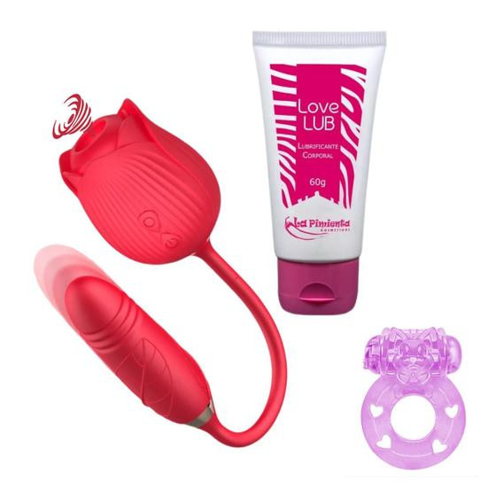 Imagem de Kit Vibrador Flor Duplo Lubrificante Love Lub Anel Peniano