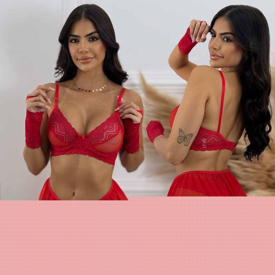 Imagem de Lingerie Sexy Mini Saia Curta Vestido Luvas Renda Sensual Com bojo Tule
