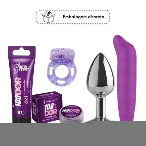 Imagem de 100dor Lubrificante Anal + Vibrador Ponto G + Cream Lub Anal 6X1 Multifunções + Plug Anal Tamanho P + Anel Peniano