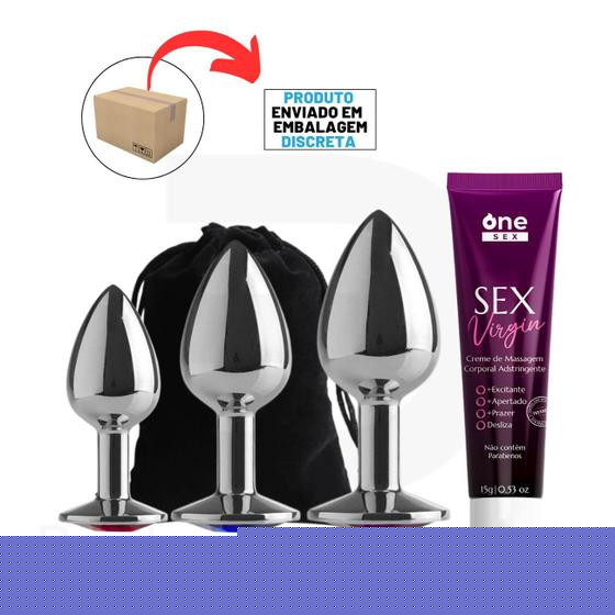 Imagem de Kit Plug Anal Tamanho P, M e G  Sex Virgin Creme de Massagem Íntima Adstringente Feminino