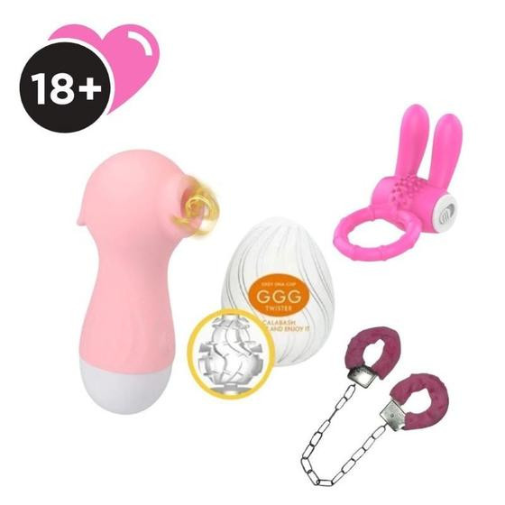 Imagem de Kit Erotico Casal Sexy Shop com Sugador Vibrador de Clitoris Egg Algema Pelucia Anel Peniano 4 Produtos Prazer Masturba