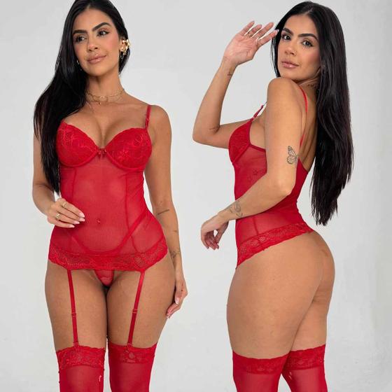 Imagem de Lingerie Sexy Espartilho Corselet Sensual Completo C/ Meias Tule Com Bojo Rendado