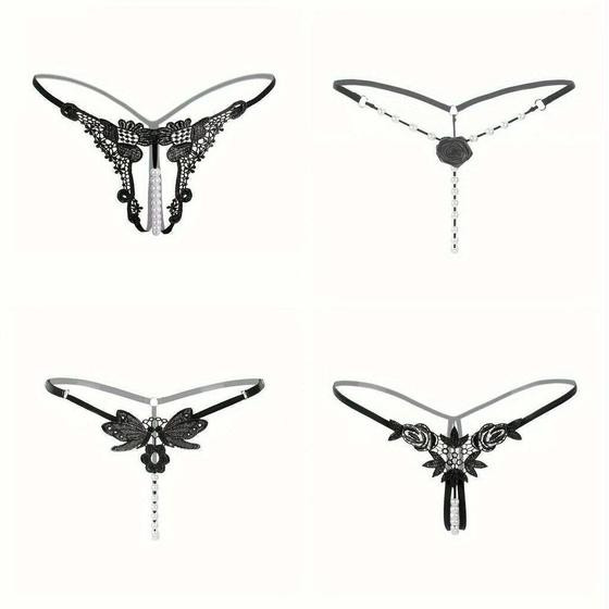 Imagem de KIT 4 Tangas Florais com Pérolas Lingerie Sexy ElaShopp