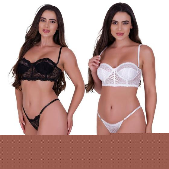 Imagem de Kit 2 Conjuntos De Lingerie Rendado Sexy Cropped Luxo - KIT 2 CONJUNTOS BIANCA PRETO,BRANCO