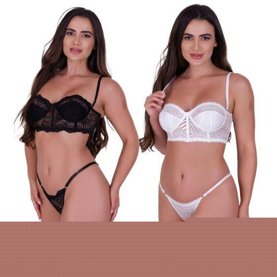 Imagem de Kit 2 Conjuntos De Lingerie Rendado Sexy Cropped Luxo - KIT 2 CONJ. BIANCA PRETO BRANCO
