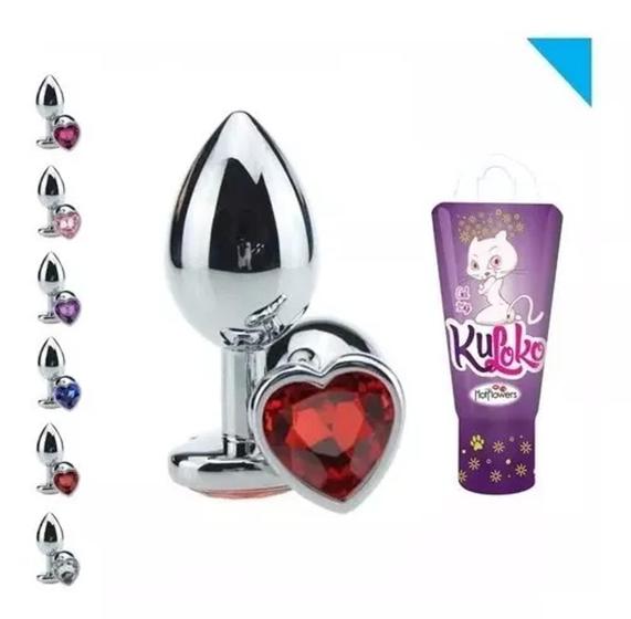 Kit Sex Shop Plug Anal em Aço Inox com Jóia Coração + Gel Anestesico Dessensibilizante Anal - Sexy Import