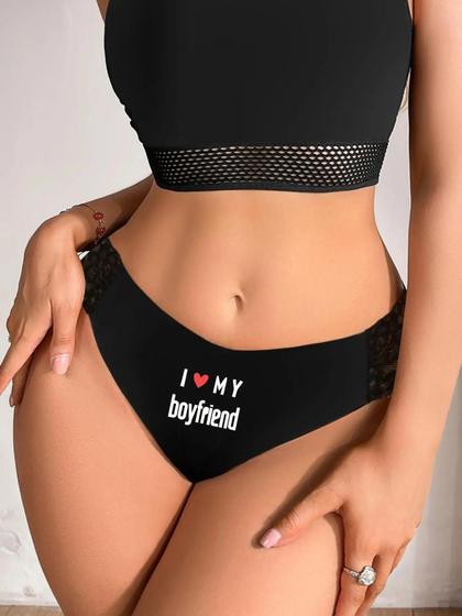 Imagem de Calcinha de Biquíni Sexy em Renda com Estampa Engraçada "Eu Amo Meu Namorado"