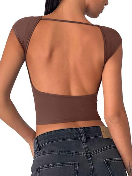 Camiseta Crop Top REORIA Sexy Backless com forro duplo e café